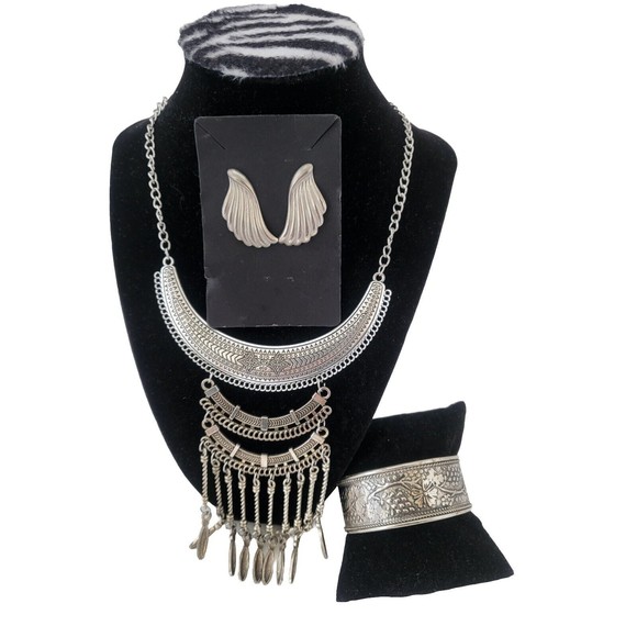 Boho Trendy Silver-tone Egyptian Style Necklace, Cuff Bracelet & Stud Earrings - Picture 1 of 9